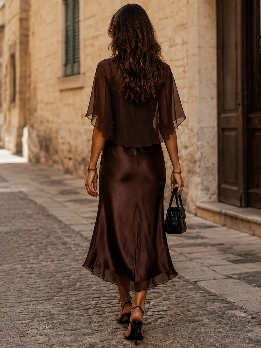 Brown Chiffon Blouse And Satin Midi Dress Two-piece Set