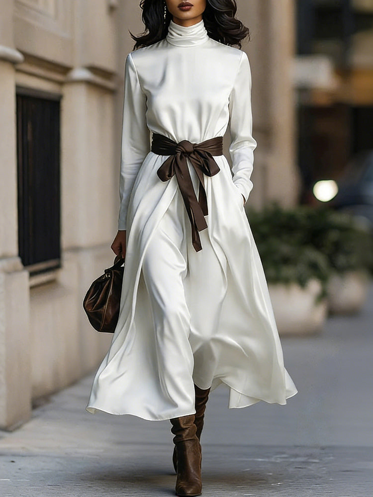 Classy Color Blocked Belted Turtleneck Flowy Maxi Dress