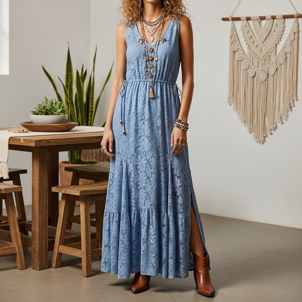 Women's Fashion Spring/Summer Bohemian Style Light Blue Water-Soluble Lace V-Neck Sleeveless Dress With Button Accents A