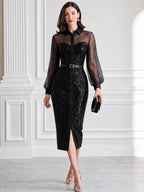 Square Buckle Belt Sweetheart Sequin Glitter Midi Dress