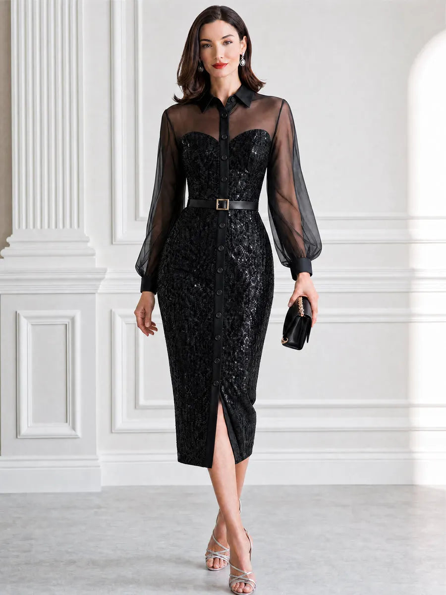 Square Buckle Belt Sweetheart Sequin Glitter Midi Dress