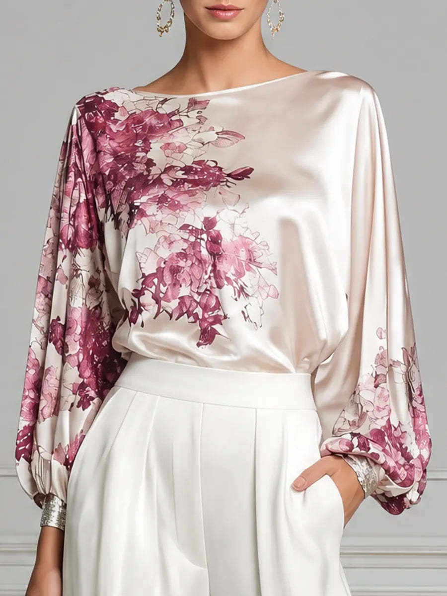 Ivory Floral Satin Lantern-Sleeve Shirt