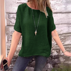 Solid Color Round Neck Half-sleeved Cotton Linen Blouse