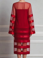 Bateau Neck Sheer Mesh Satin-Stripe Bell Sleeve Shift Midi Dress