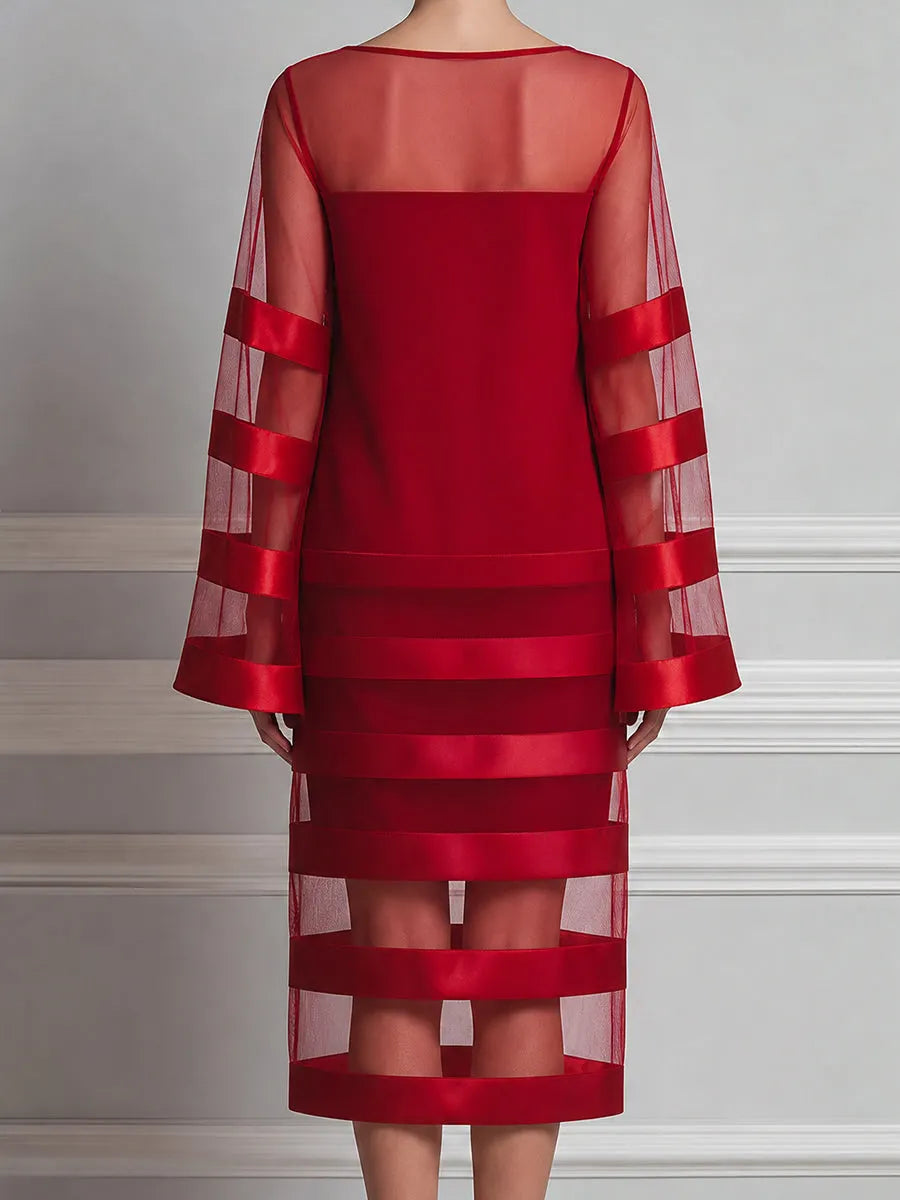 Bateau Neck Sheer Mesh Satin-Stripe Bell Sleeve Shift Midi Dress