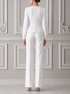 White Square Neck Zip Front Jacket & Wide Leg Pants Set