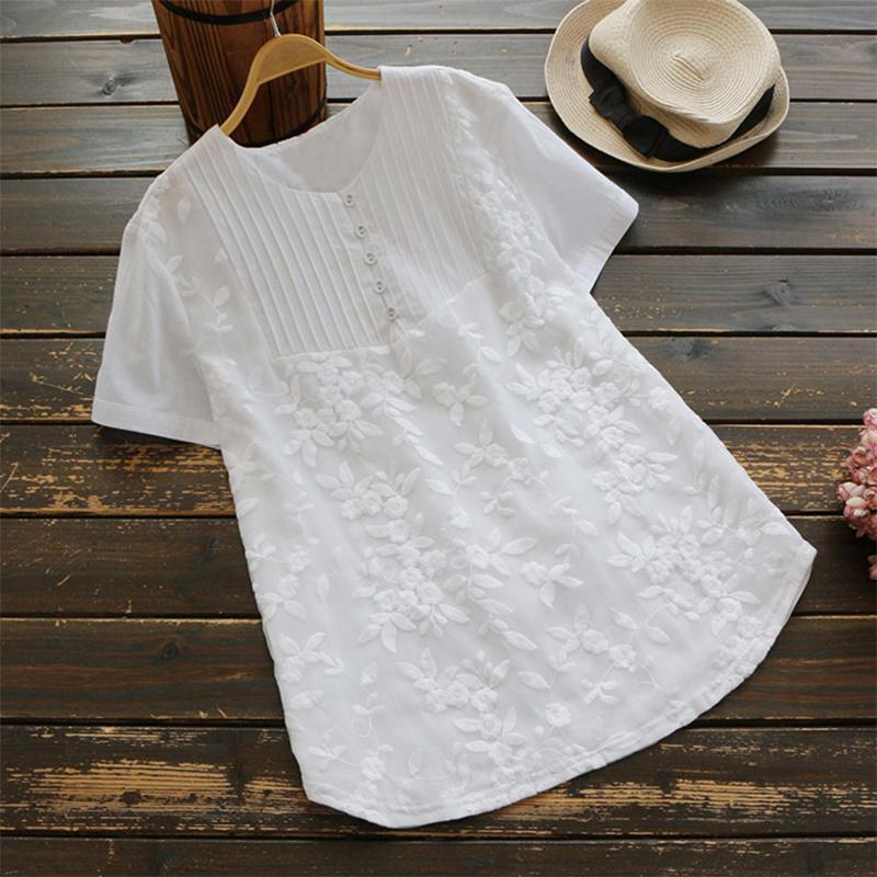 Vintage Lace Floral Pleat Short Sleeve Comfy Blouse