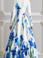 White Watercolor Blue Iris Print Square Neck Long Sleeve A-Line Maxi Dress