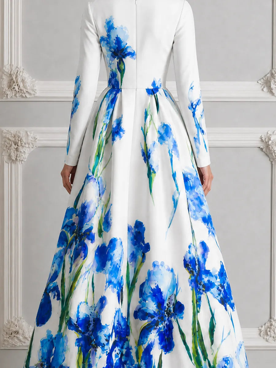 White Watercolor Blue Iris Print Square Neck Long Sleeve A-Line Maxi Dress