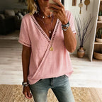Women's Solid Color Lace Cotton Linen Short-sleeve V-neck Top