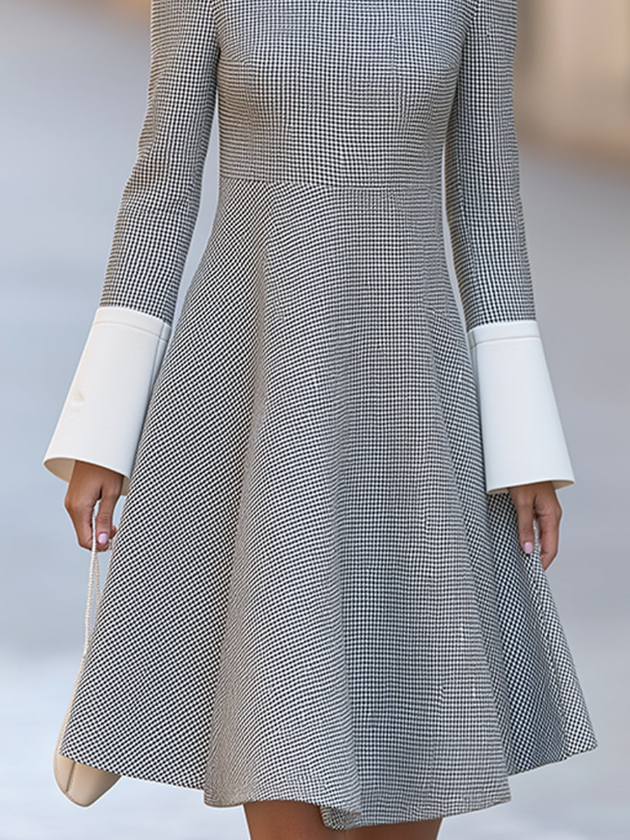 Houndstooth Color Block Flared Midi Dress With Ribbed Mock Neck