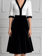 White Black Contrast Ruffle V Neck Velvet A-Line Midi Dress