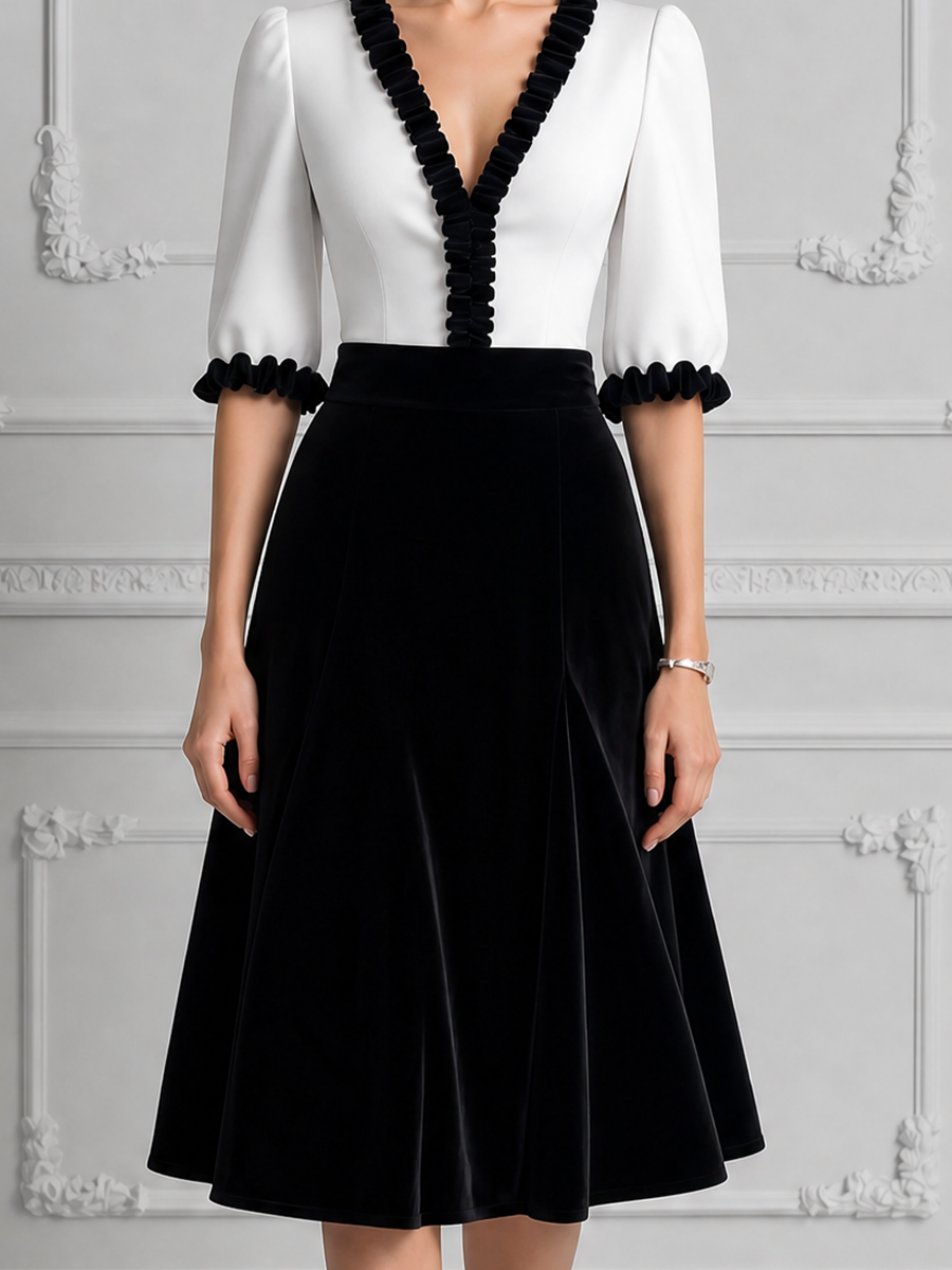White Black Contrast Ruffle V Neck Velvet A-Line Midi Dress