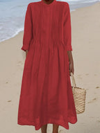 Women's Pleated Cotton and Ramie Long-sleeved Dress
