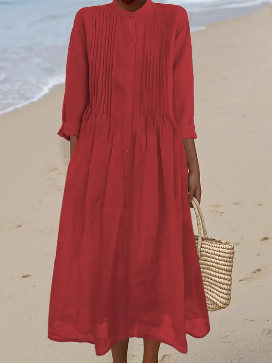 Women's Pleated Cotton and Ramie Long-sleeved Dress