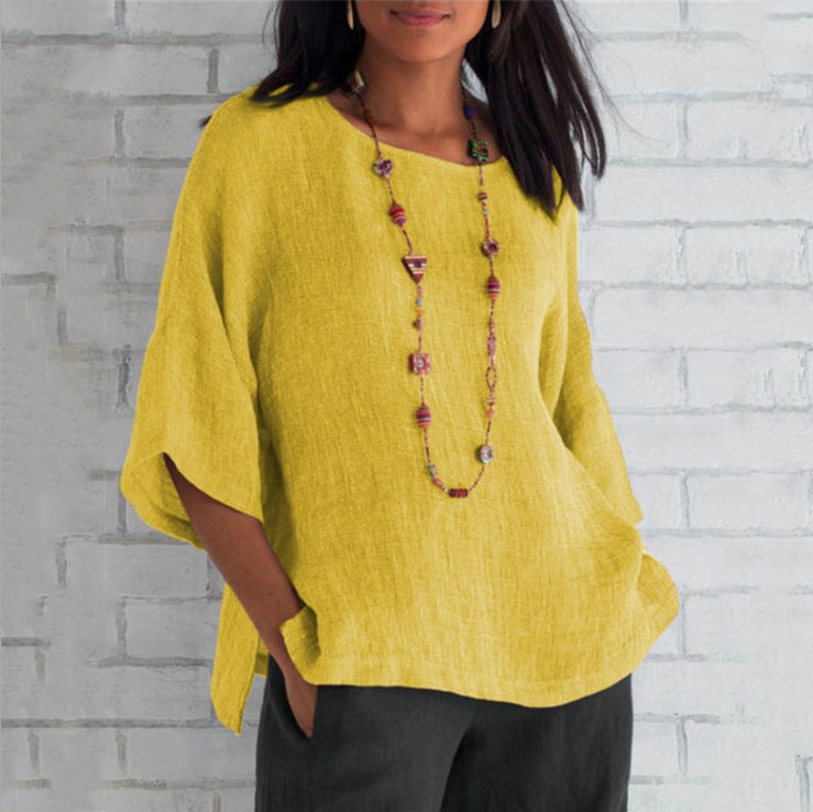 Women's Cotton Linen Three-quarter Sleeve Crew Neck Shirt