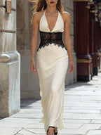 Elegant Lace Patchwork Satin V-neck Maxi Dress