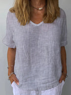 Women's Retro Striped Jacquard Casual V-Neck Cotton And Linen Top