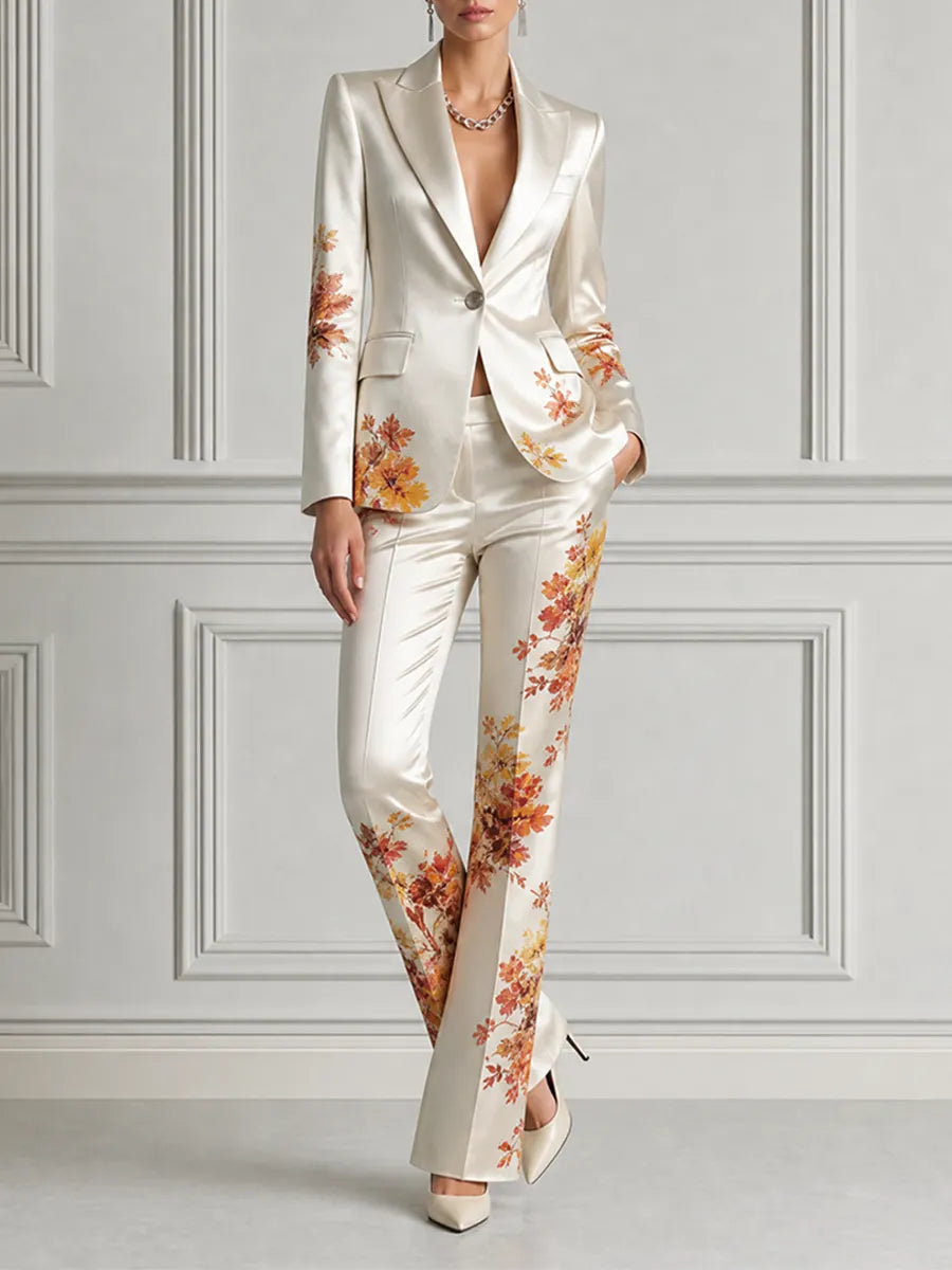 Ivory Fall Wedding Guest Floral Satin Blazer & Flare Pants Set