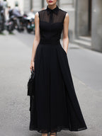 Sheer-Paneled Sleeveless Top & Collared Skirt Two-Piece Set