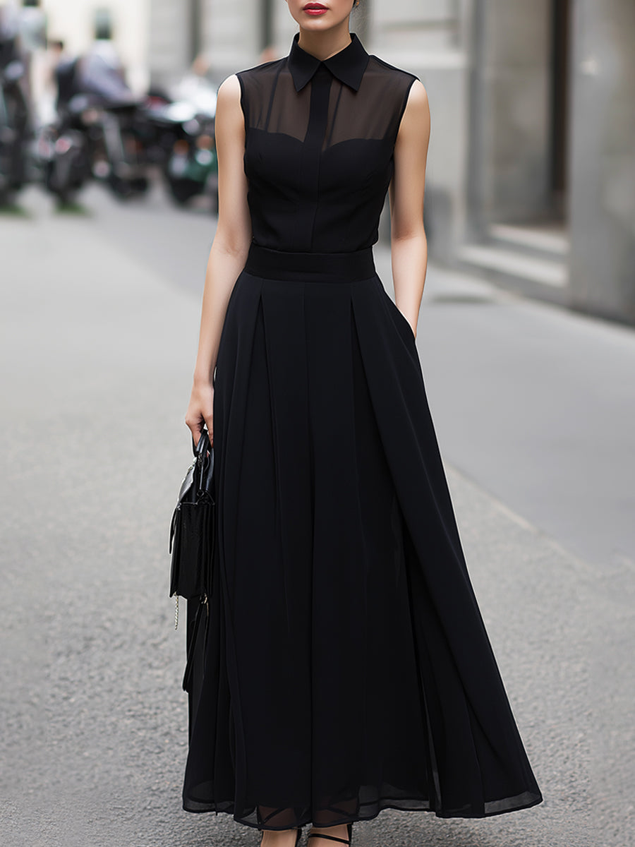 Sheer-Paneled Sleeveless Top & Collared Skirt Two-Piece Set