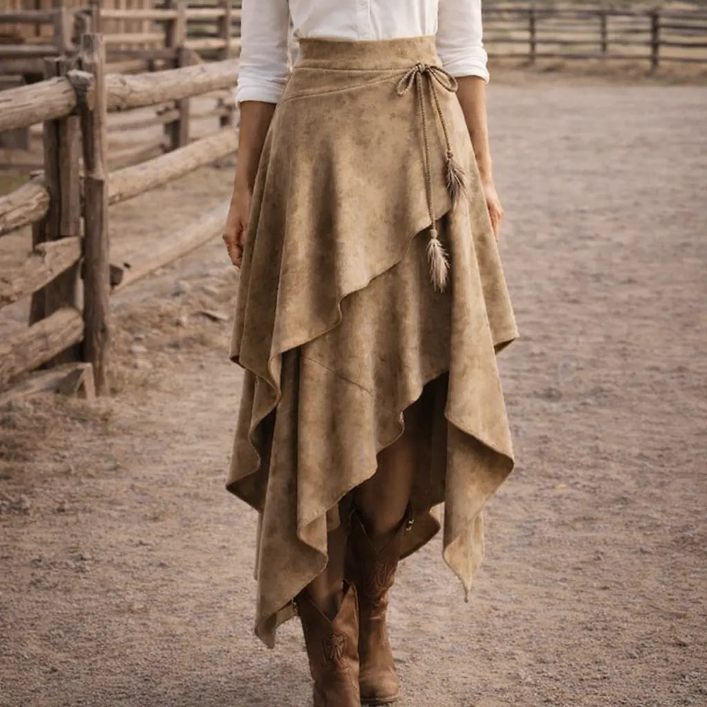 Retro Western Style Irregular Design Suede Skirt