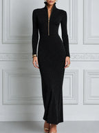 Black Dress Fall Wedding Guest Dress Zip Front Mermaid Maxi Dress