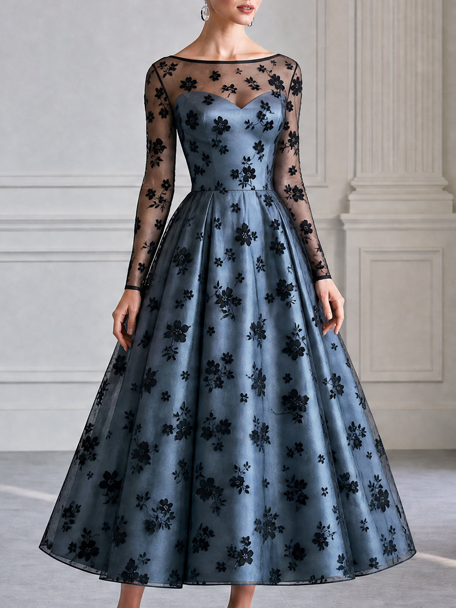 Dusty Blue Flocked Floral Tulle A-Line Midi Evening Dress