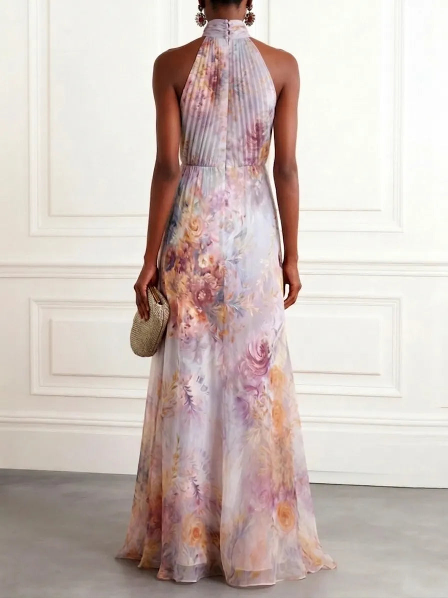 Light Purple Floral Chiffon Halter Neck Pleated Sleeveless Maxi Dress
