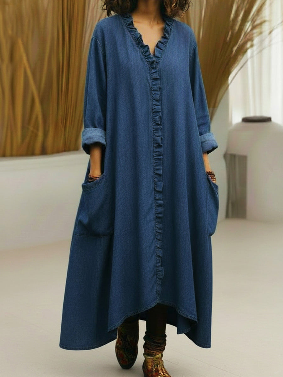 Casual Lace-trimmed V-neck Denim Dress