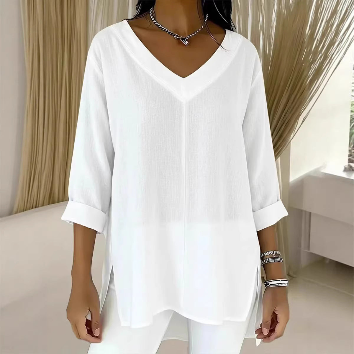 Casual Women's Fashion Solid-Color V-Neck Loose-Fit Top