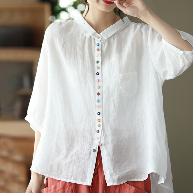 Vintage Colored Buttons Cotton Linen Solid Comfy Blouse