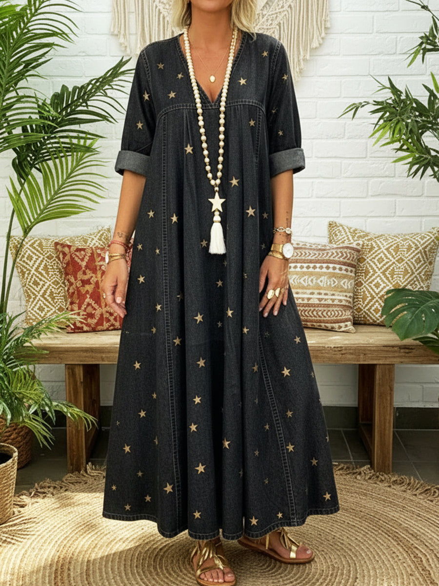 Casual Gold Star Print 100% Cotton Denim Dress