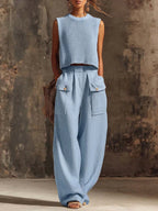 Casual Cargo Pockets Cotton-linen Wide-leg Pants