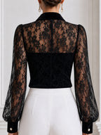 Elegant Velvet Collar & Pearl Buttons Floral Lace Blouse