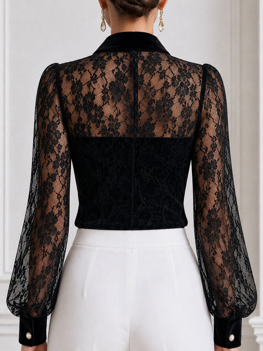Elegant Velvet Collar & Pearl Buttons Floral Lace Blouse