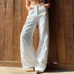 Vintage Bohemian Lace-paneled Distressed Washed Denim Jeans