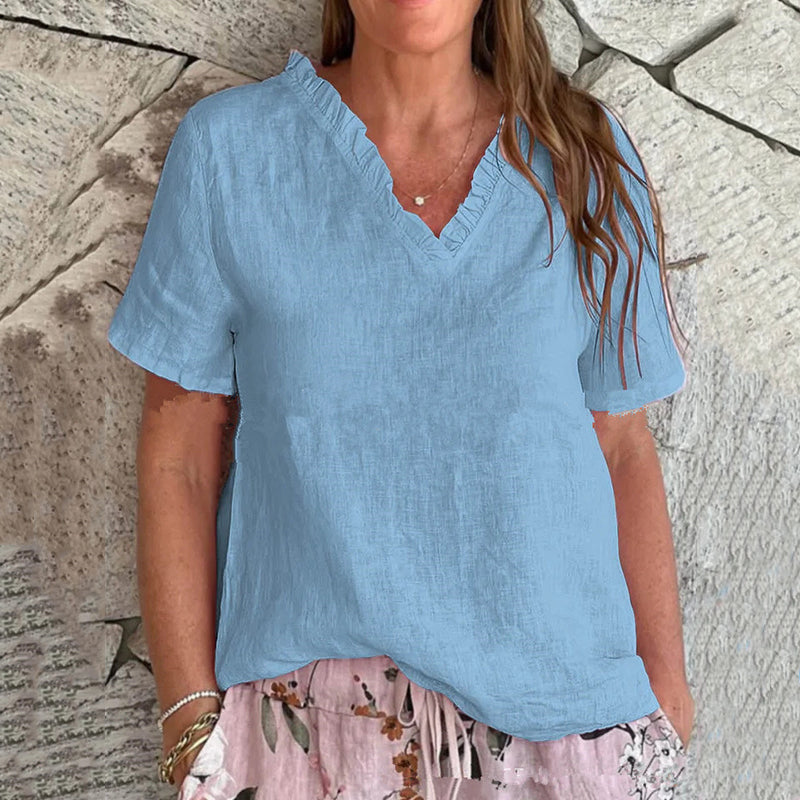 Women's Vintage Lace Cotton And Linen V-neck T-shirt
