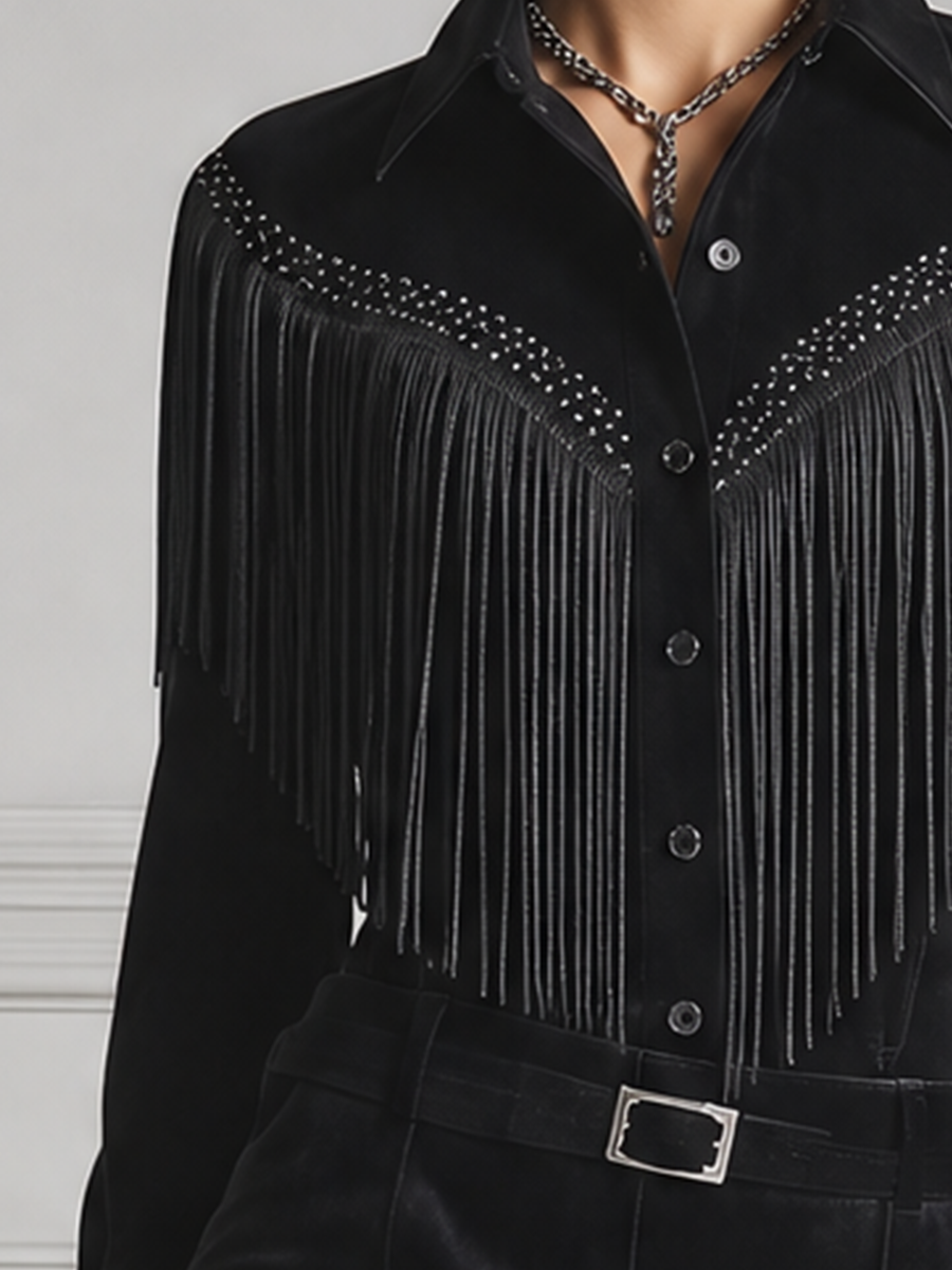 Black Studded Fringe Button Front Blouse