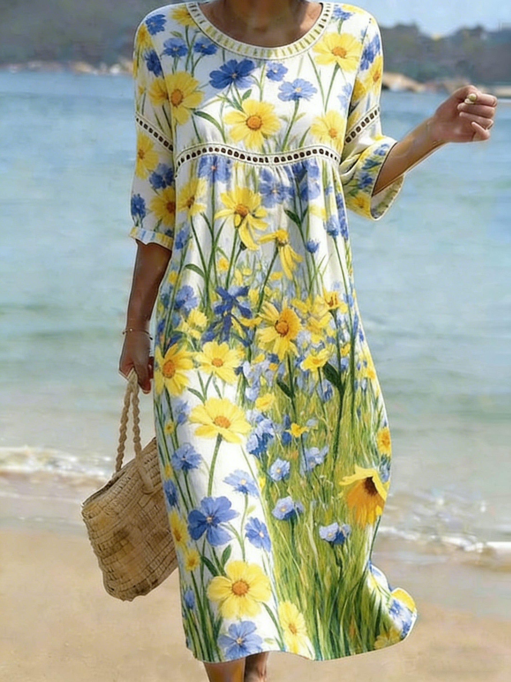 Women's Folk Flowers Print Crew Neck Cotton Pocket Dress