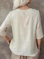 Women's Minimalist Casual Long-sleeve V-neck Lace Trim Shirt