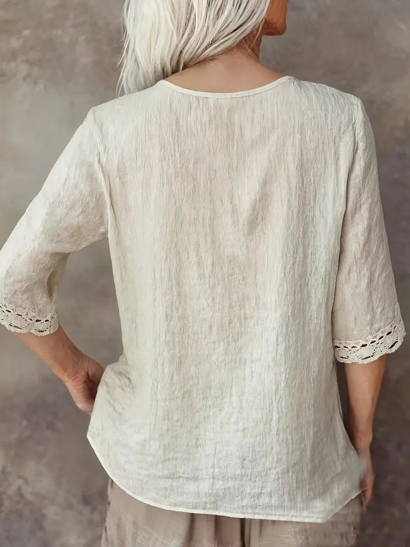 Women's Minimalist Casual Long-sleeve V-neck Lace Trim Shirt