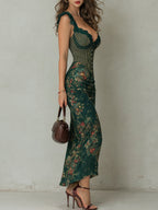 Vintage Lace Trim Striped Flower Print Maxi Dress