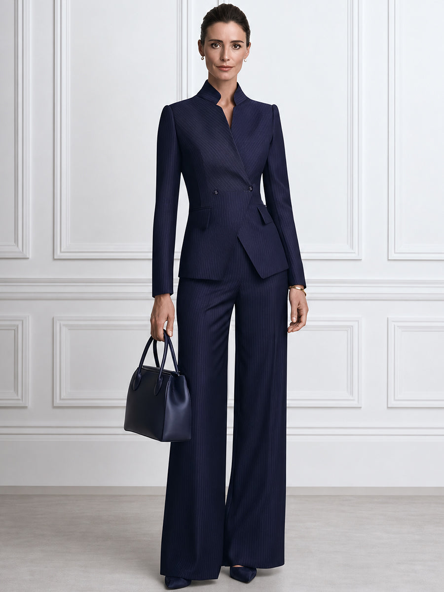 Pinstripe Blazer And Wide-Leg Trousers Suit Set