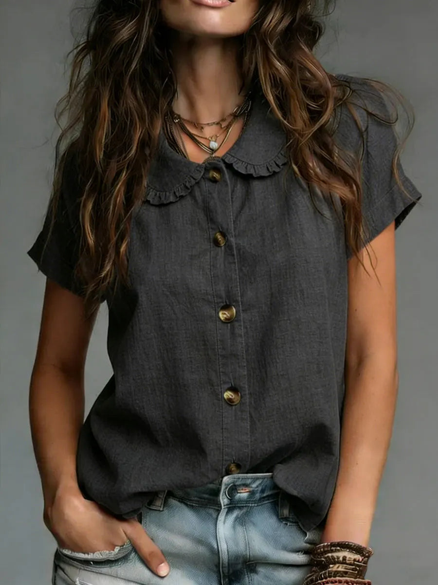 Cozy Minimalist Short-sleeve Peter Pan Collar 100% Cotton T-shirt