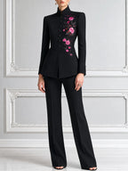Black Pink Rose Embroidered Stand Collar Tailored Blazer & Wide Leg Trousers Two-Piece Suit Set