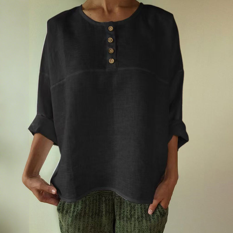 Solid Color Patchwork Long-sleeved Cotton And Linen Button Shirt