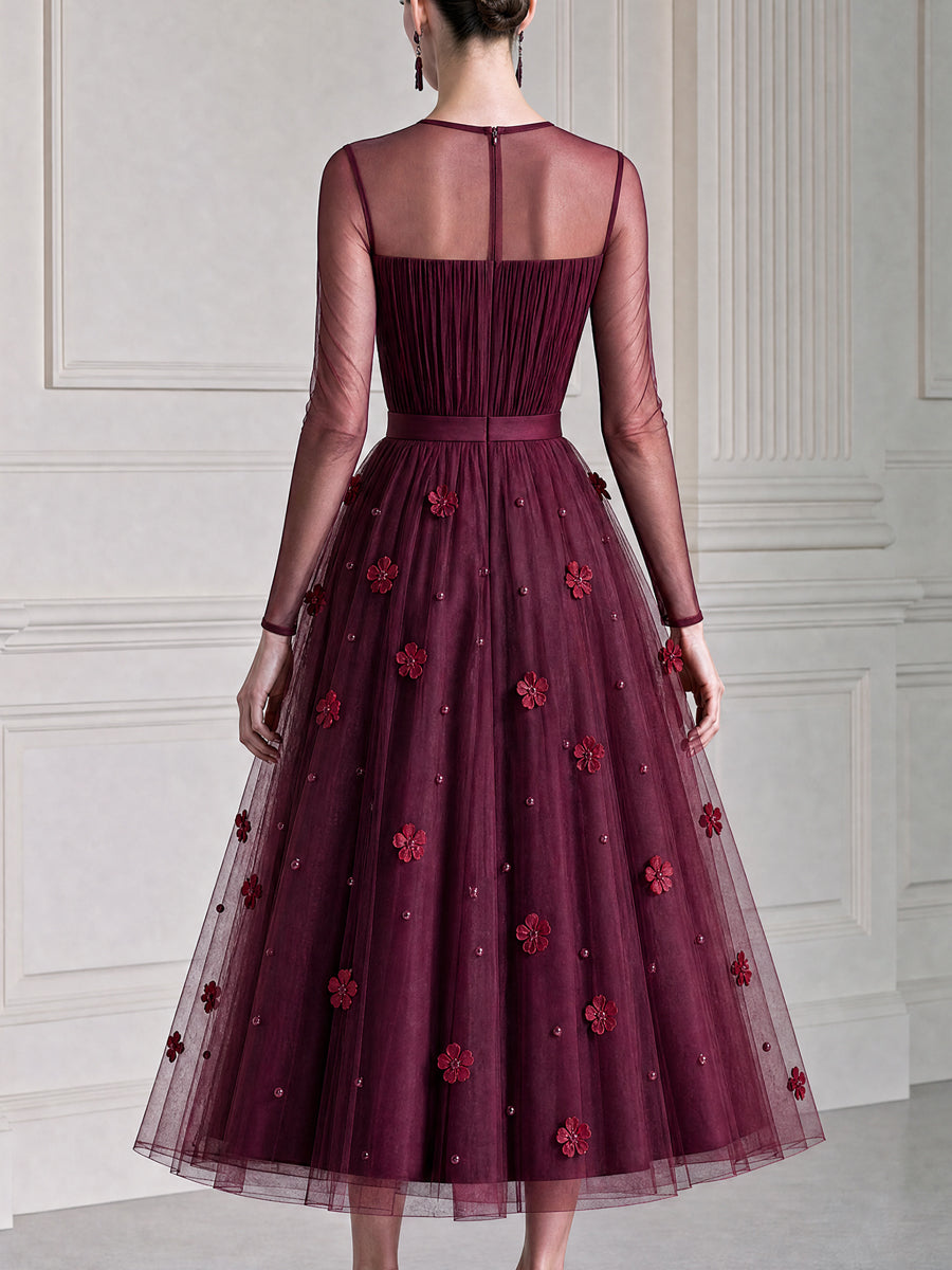 3D Floral Tulle Round Illusion Sheer Sleeve Midi Dress