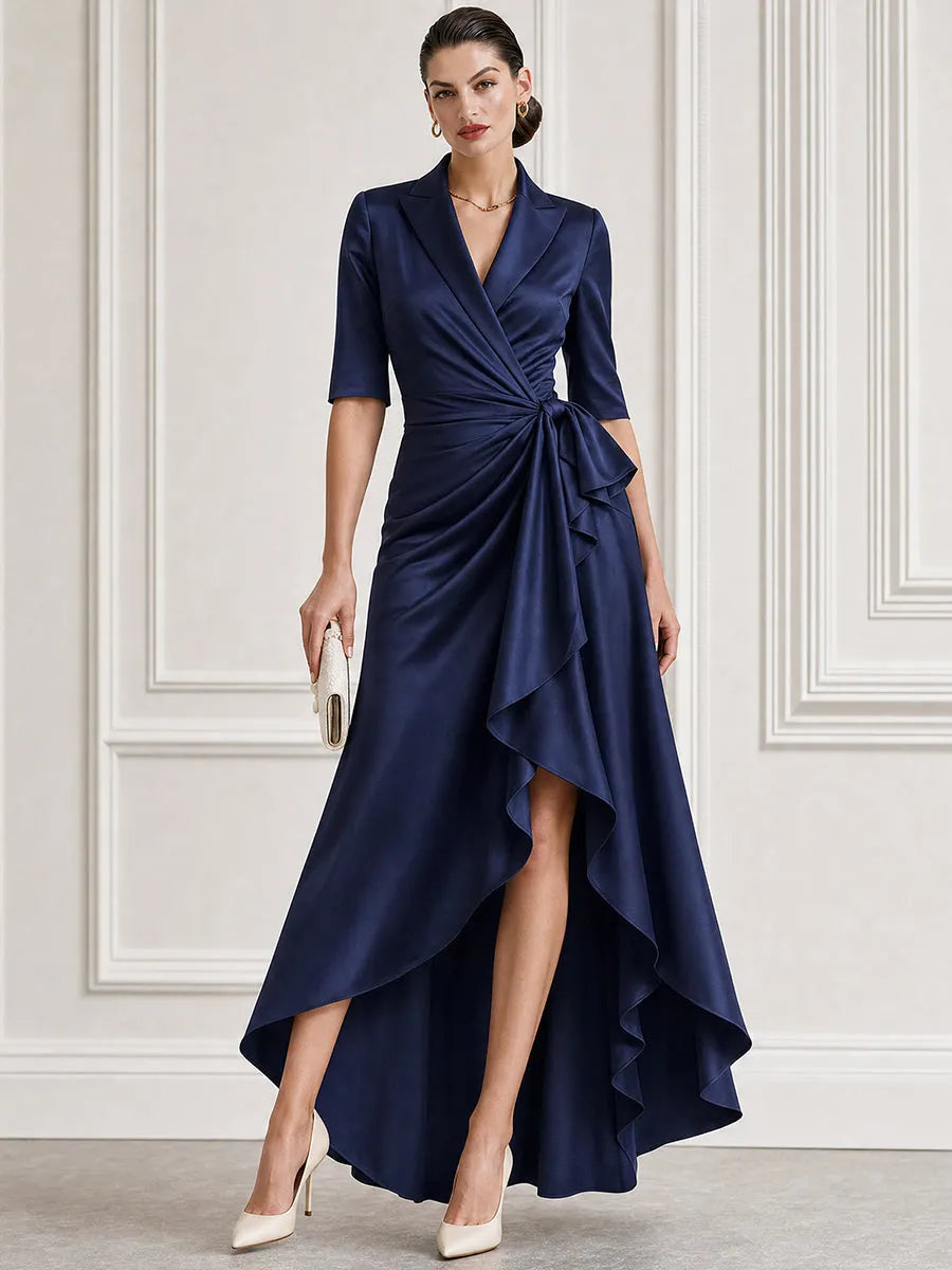 Satin Lapel-Collar Wrap High-Low Maxi Gown