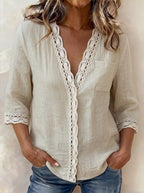 Women's Minimalist Casual Long-sleeve V-neck Lace Trim Shirt